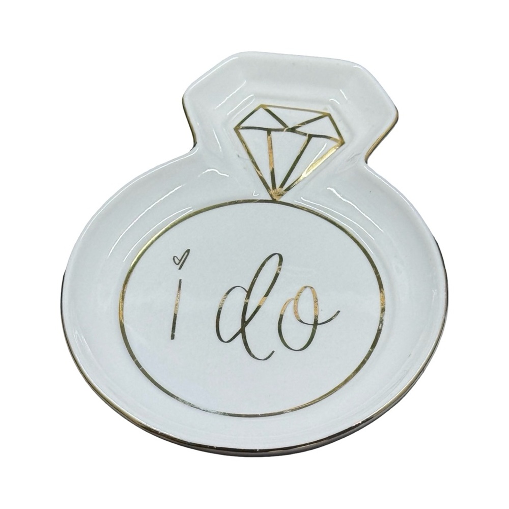 Sweet Water Decor White and Gold “I Do” Ring Shaped Trinket Dish